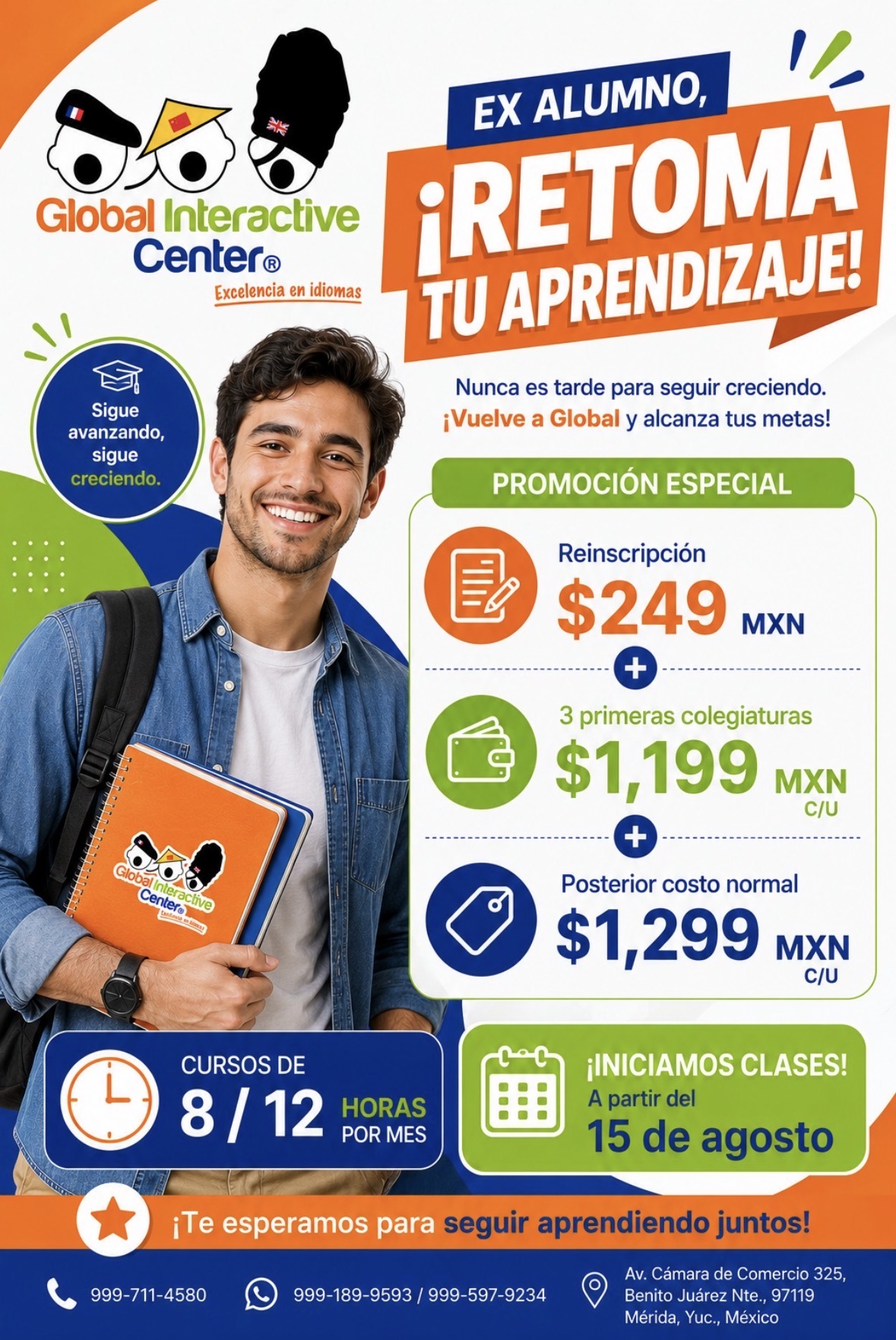 Póster de promoción de reinscripción para ex alumnos de Global Interactive Center
